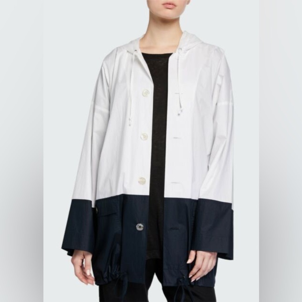 Eskandar White & Navy Color Block Hooded Lightweight Raincoat Jacket Size 1 EUC